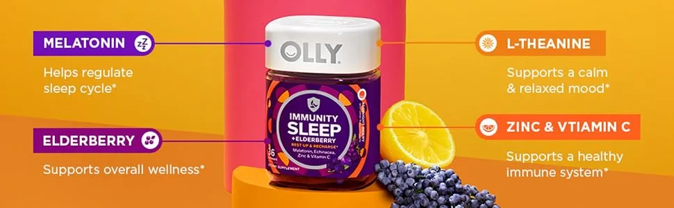 OLLY Immunity Sleep Gummy Immune and Sleep Support 3mg Melatonin Echinacea Zinc Vitamin C Chewable Supplement Berry - 36 Count - image