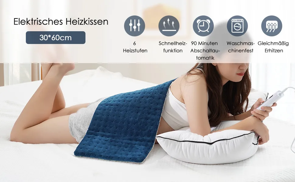 Heating pillows with automatic switch -off electrical heat pillow 30 x 60cm for back shoulder neck and temperature adjustment in 6 fast heating technology overheating protection blue - Elektrisches Heizkissen mit Abschaltautomatik