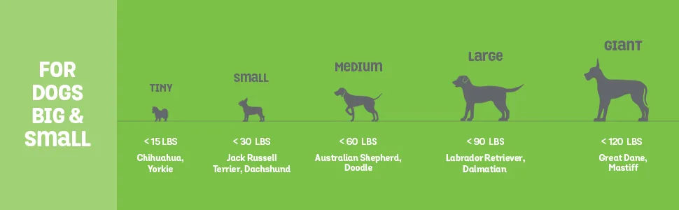 Benebone Real Bacon Durable Wishbone Dog Chew Toy for Aggressive Chewers Made in USA - A graphic showing the different size of dogs and what respective size Benebone dog toys they need.