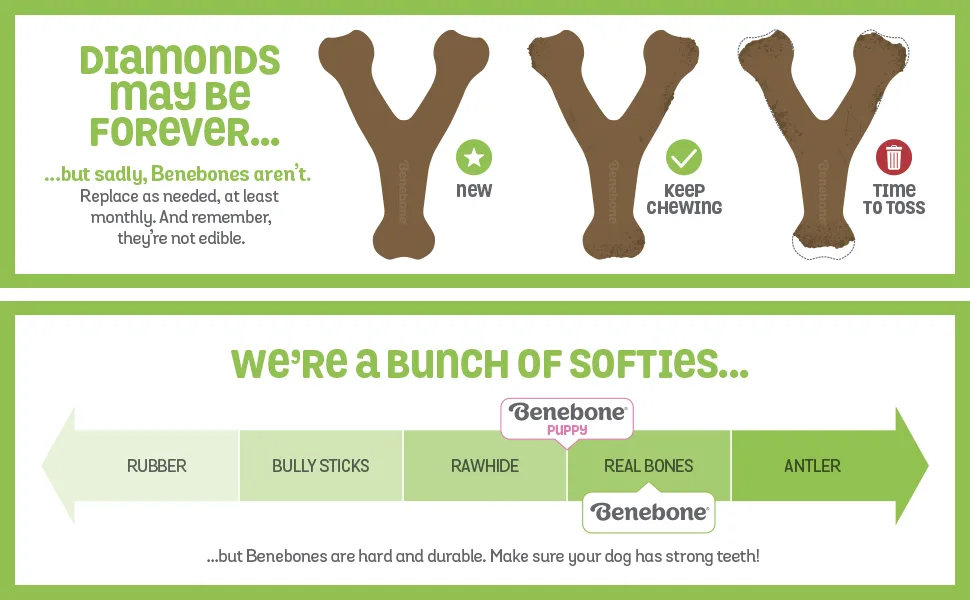 Benebone Real Bacon Durable Wishbone Dog Chew Toy for Aggressive Chewers Made in USA - Benebone graphics showing the wear on Benebone dog bones and their toughness levels