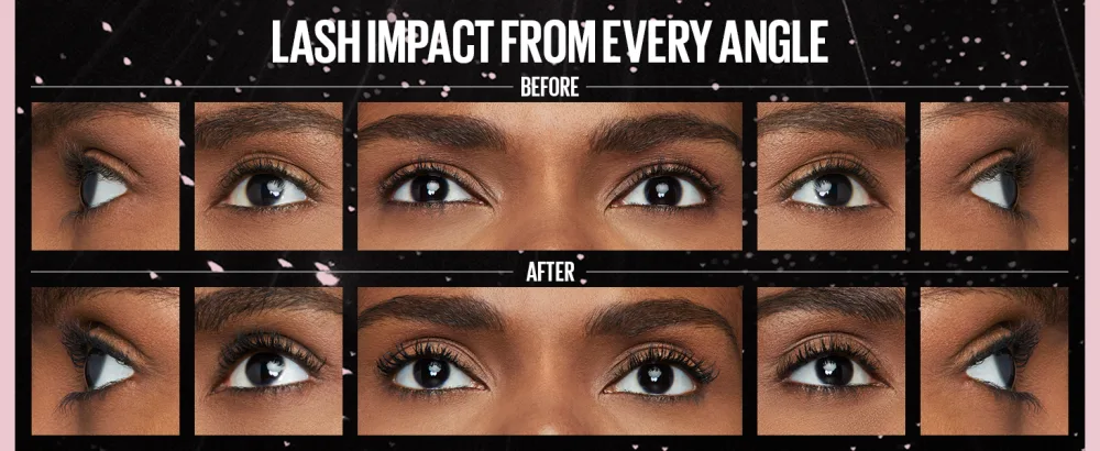 Maybelline New York Sky High Washable Mascara Makeup Volumizing Buildable Lengthening Defining Curling Multiplying Eye Makeup Cosmic Black 0.24 Fl Oz - lash impact from every angle before and after