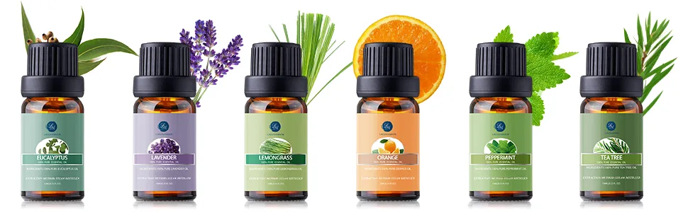 Lagunamoon Essential Oils Gift Set 6 Pcs Pure Essential Oils for Diffuser Humidifier Massage Aromatherapy Skin & Hair Care 10ML (Lavender Eucalyptus Lemongrass Orange Peppermint Tea Tree) - essential oils