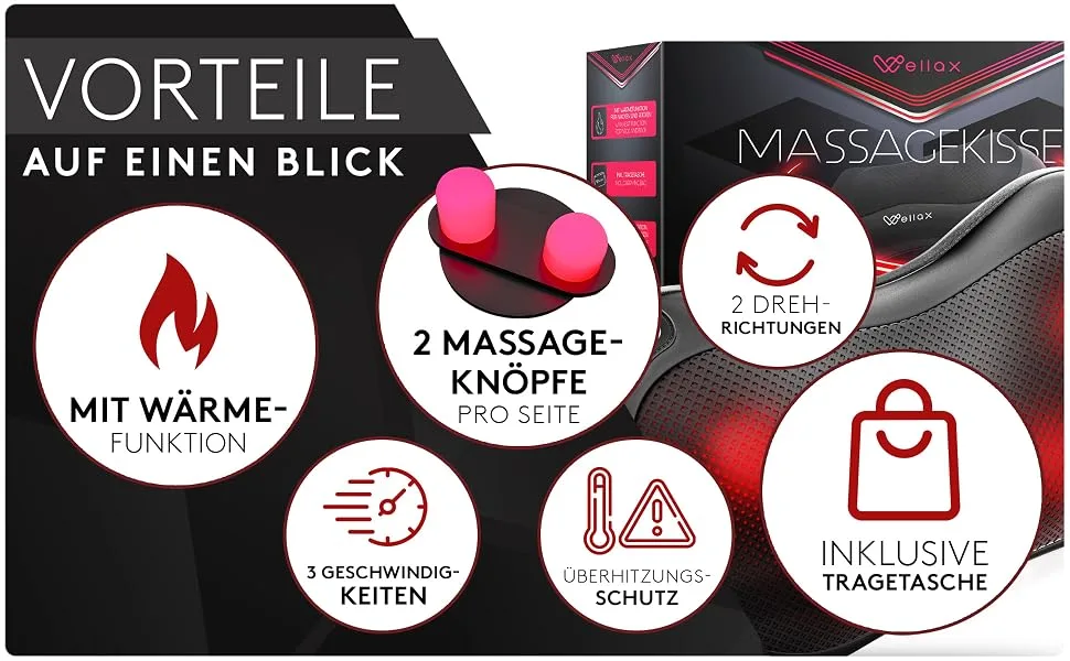 Wellax - massage pillow with heat function & 360 rotation - Shiatsu neck massage device with 3 speeds for shoulders & back - including extension belt - Neck massage black - product information 7