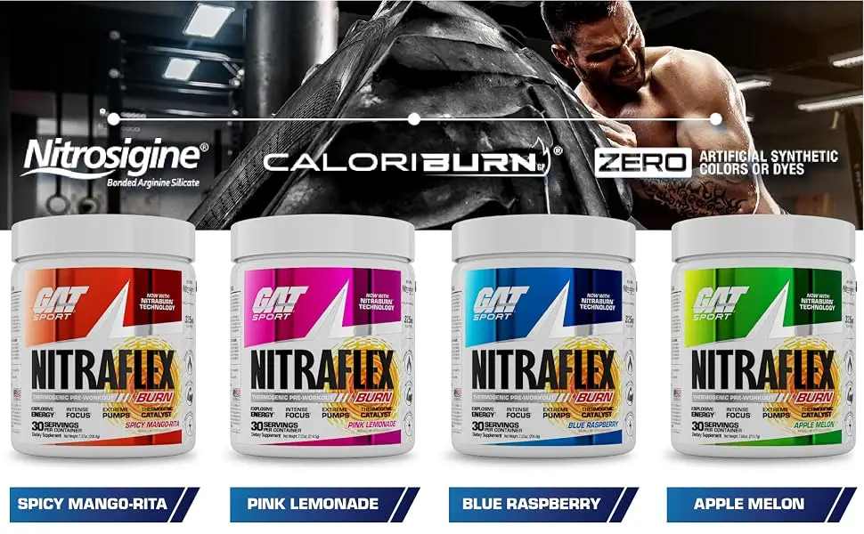 GAT NITRAFLEX Burn Pre Workout Thermogenic Powder - Apple Melon - 30 Servings - Nitraflex Burn Flavors