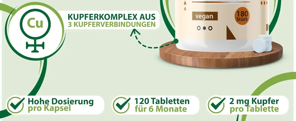 Naturally 2mg copper tablets - 180 tablets complex with copper bisglycinat copper gluconate and copper citrate copper supplement without additives vegan laboratory test - Kupfer Komplex Desktop Bild 2