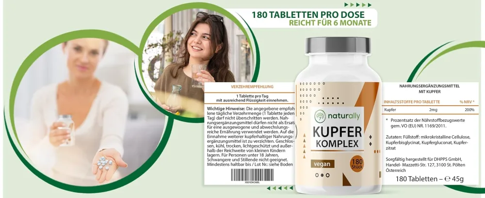 Naturally 2mg copper tablets - 180 tablets complex with copper bisglycinat copper gluconate and copper citrate copper supplement without additives vegan laboratory test - Kupfer Komplex Desktop Bild 5