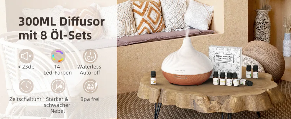 Asakuki 300ml aroma diffuser ultrasound humidifier with 8 * 10ml essential oils set diffuser 14-colored LED 23dB cool manure space humidifier yoga spa at home yellow with oils set - diffuser