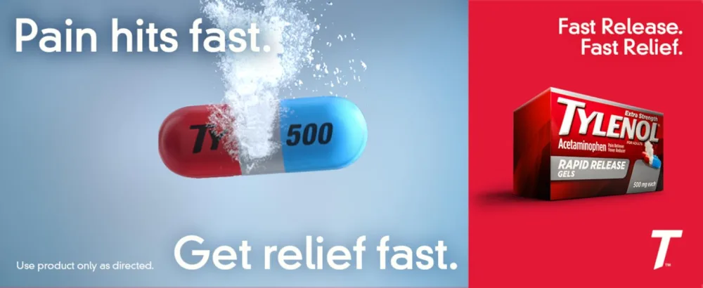 Tylenol Extra Strength Acetaminophen Rapid Release Gels for Pain & Fever 24 Count - Pain hits fast. Get Relief Fast. Graphic of Tylenol Rapid Release Gel releasing pain relief medicine