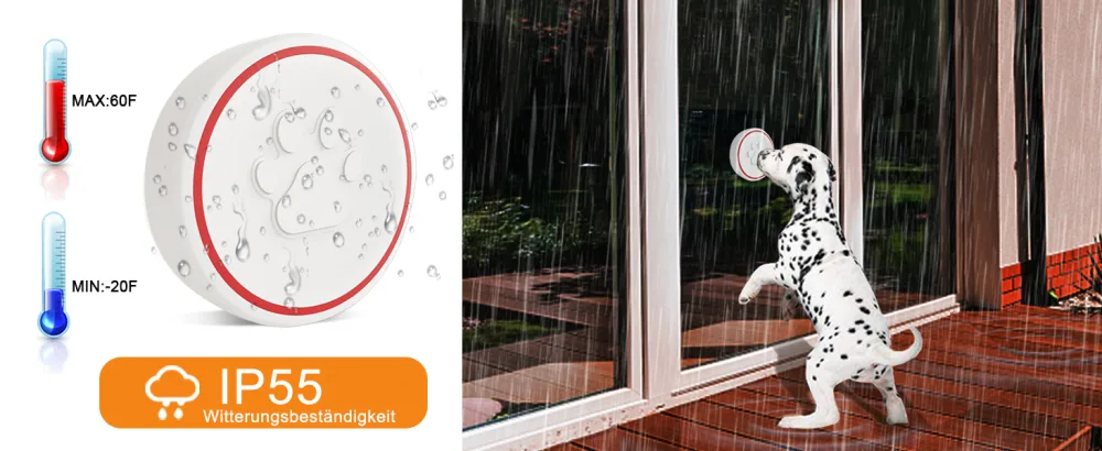 Chunhee wireless dog door bell/pet door bells sensor touched/recipient socket 55 ringtones and 5 steps adjustable volume/waterproof transmitter set d - product information 11