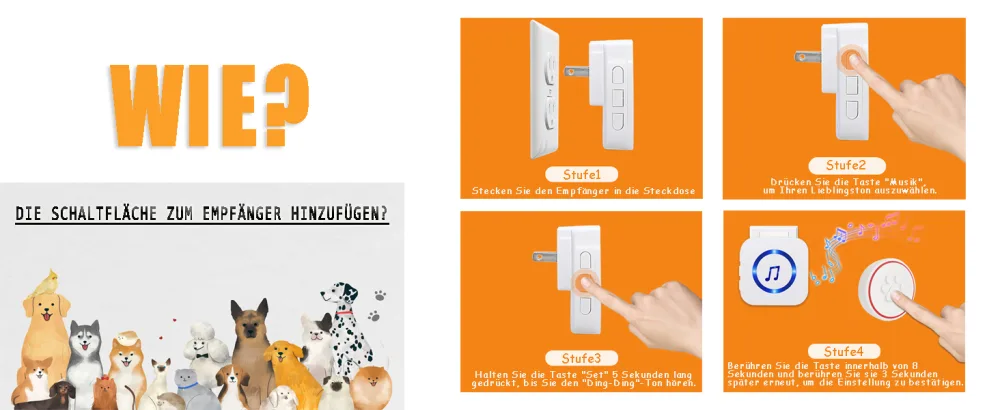 Chunhee wireless dog door bell/pet door bells sensor touched/recipient socket 55 ringtones and 5 steps adjustable volume/waterproof transmitter set d - product information 16