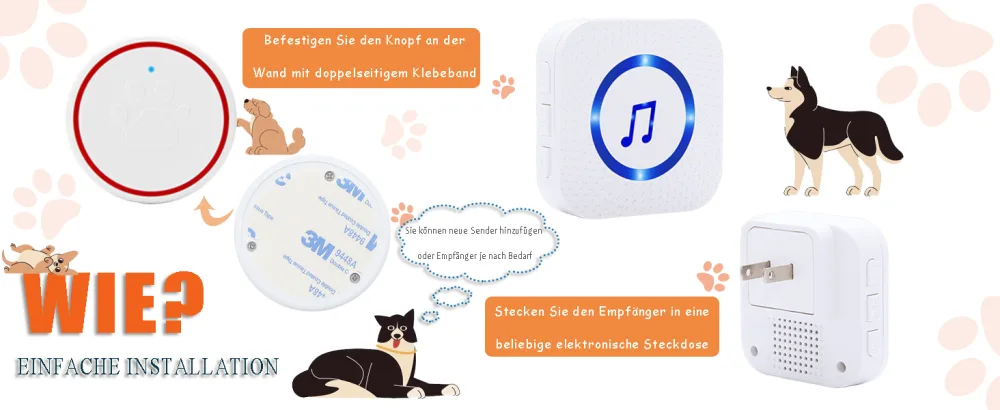 Chunhee wireless dog door bell/pet door bells sensor touched/recipient socket 55 ringtones and 5 steps adjustable volume/waterproof transmitter set d - product information 17