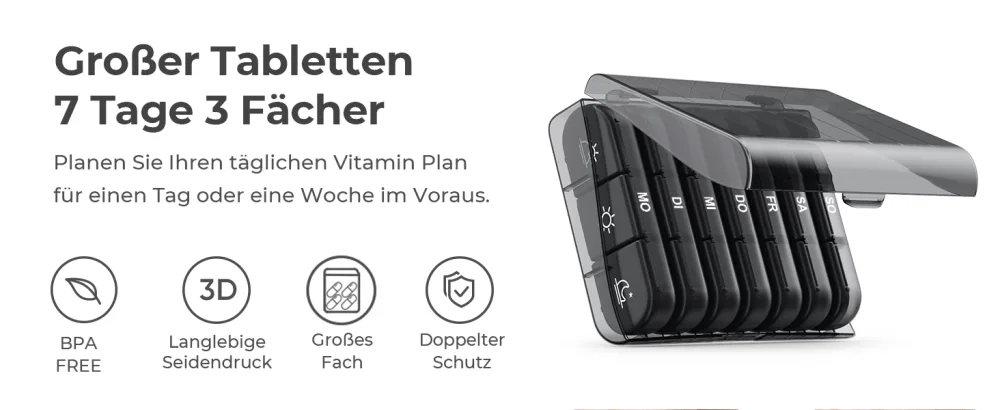 Auvon weekly pill box 7 days 3 compartments portable tablet box with large separate compartments for medication vitamins fish oil dietary supplements etc. (black) A-black - pillendose