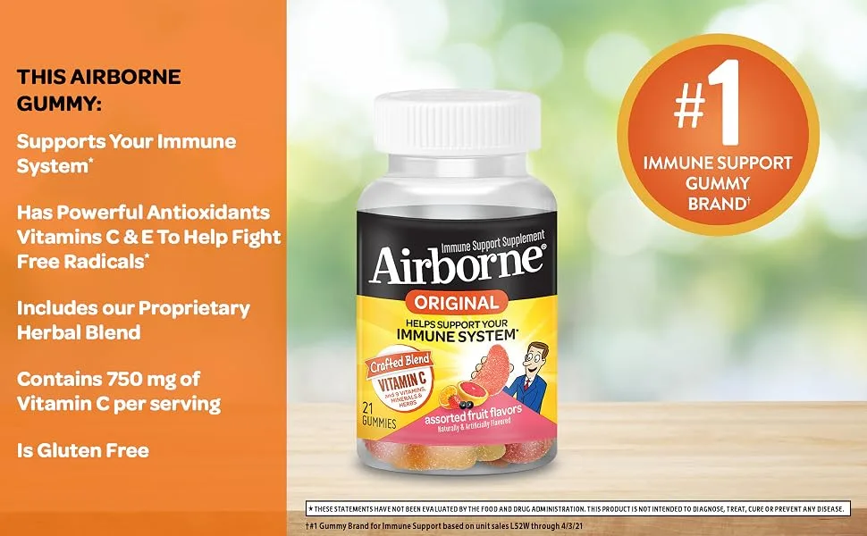 Airborne Vitamin C 750 mg - Fruit - 42 Gummies - Airborne Assorted Fruit Flavored Immune Support Gummies