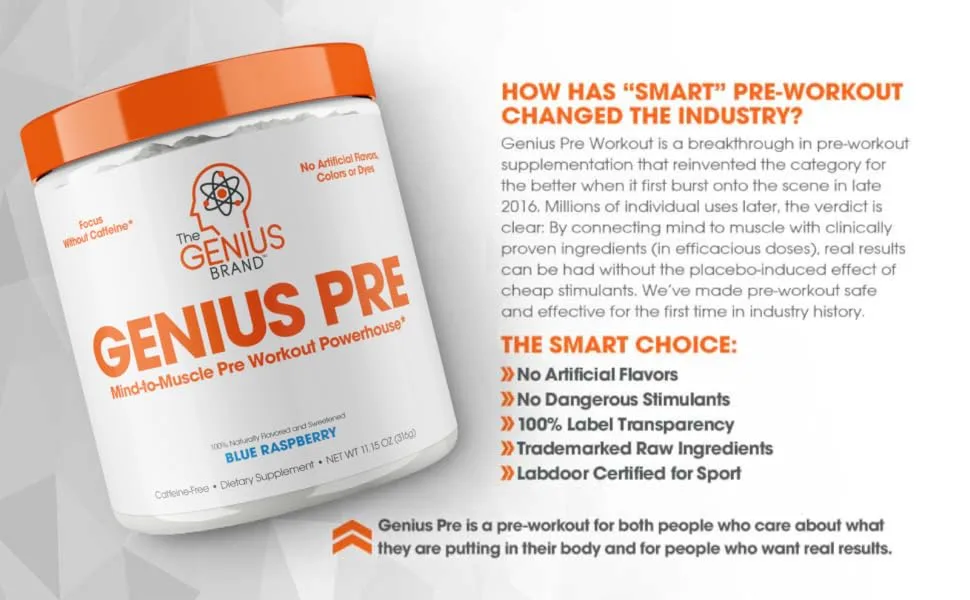 Genius Pre Workout Caffeine-Free - Blue Raspberry - 20 Servings - pre workout