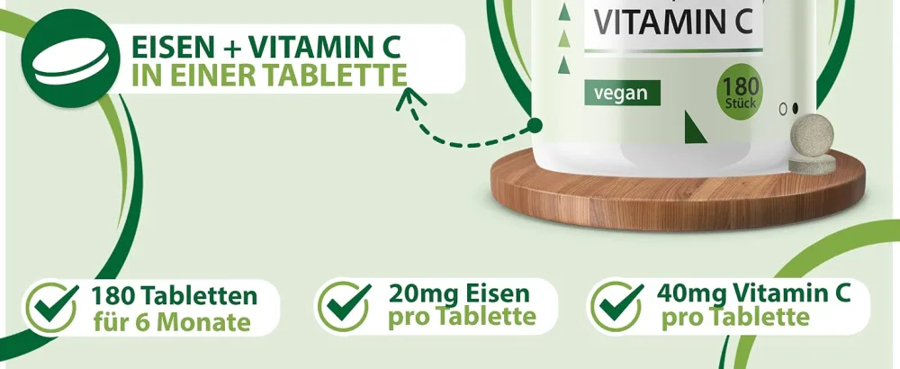 Naturally iron tablets with vitamin C - 180 tablets - highly bio -available 20mg iron made of iron bisglycinate - vegan without additives laboratory tests made in Germany - Eisen Bild 2 Desktop