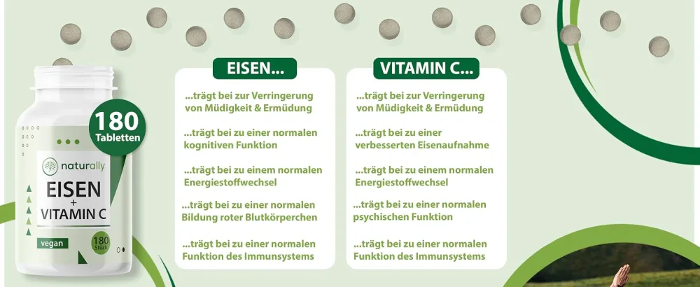 Naturally iron tablets with vitamin C - 180 tablets - highly bio -available 20mg iron made of iron bisglycinate - vegan without additives laboratory tests made in Germany - Eisen Bild 3 Desktop