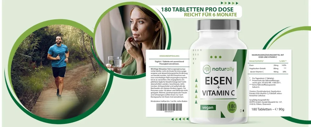 Naturally iron tablets with vitamin C - 180 tablets - highly bio -available 20mg iron made of iron bisglycinate - vegan without additives laboratory tests made in Germany - Eisen Bild 5 Desktop