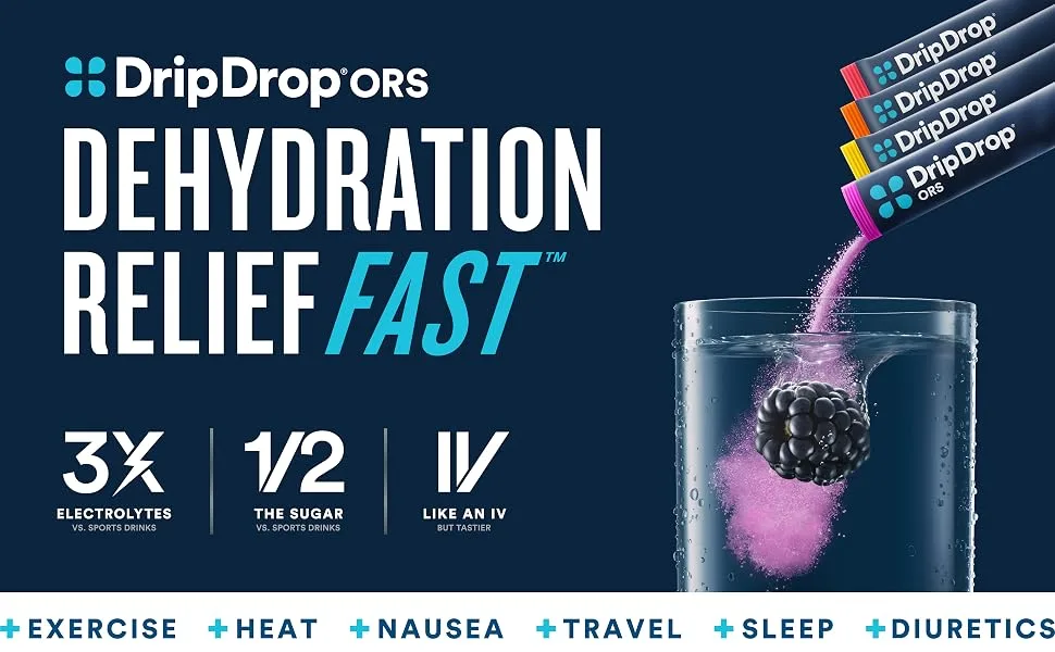 DripDrop ORS Hydration - Electrolyte Powder Packets - Watermelon, Berry, Orange, Lemon - 16 Count - DripDrop offers Dehydration Relief Fast, with ½ the sugar and 3x the electrolytes of sports drinks