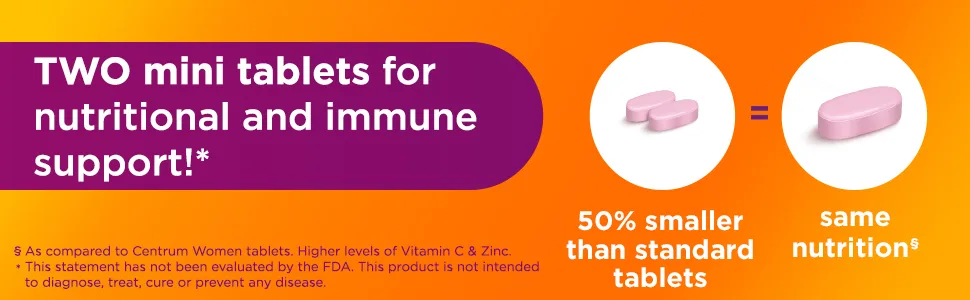 Centrum Minis Women's Daily Multivitamin for Immune Support with Zinc and Vitamin C - 280 Tablets - Two mini tablets for nutritional and immune support!