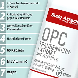 Body Attack OPC grape seed extract high dose with vitamin C vegan (60 capsules) - Traubenkernextrakt