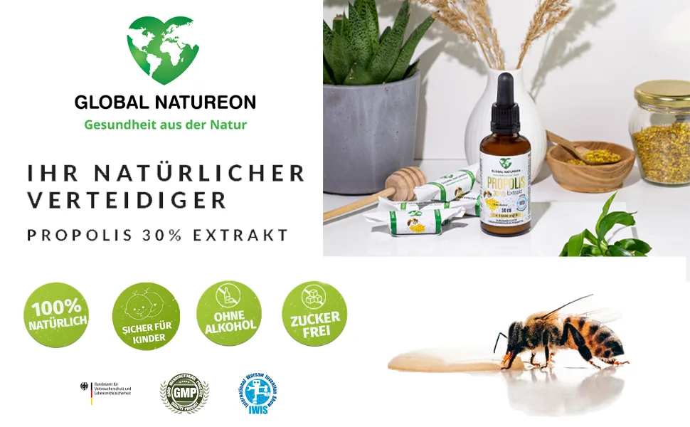 Propolis-in-water solution Extract 30% without alcohol (50 ml) tincture for children & animals suitable polyphenols flavonoids and bioflavonoids 100% natural 185x higher bioavailability - Global Natureon Propolis Extrakt 30%