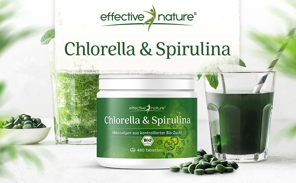 Spirulina Chlorella Pressing - 480 algae tablets - 100% natural organic spirulina and chlorella 2 superfoods - combined for approx. 1-2 months - Chlorella & Spirulina von effective nature