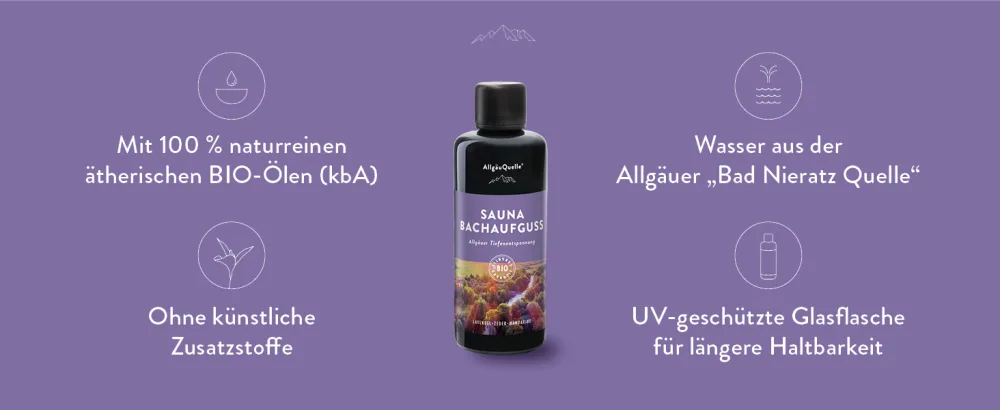 Allg uQuelle Sauna infusion with 100% organic oils deep relaxation lavender cedar mandarin 100ml - Sauna Bachaufguss