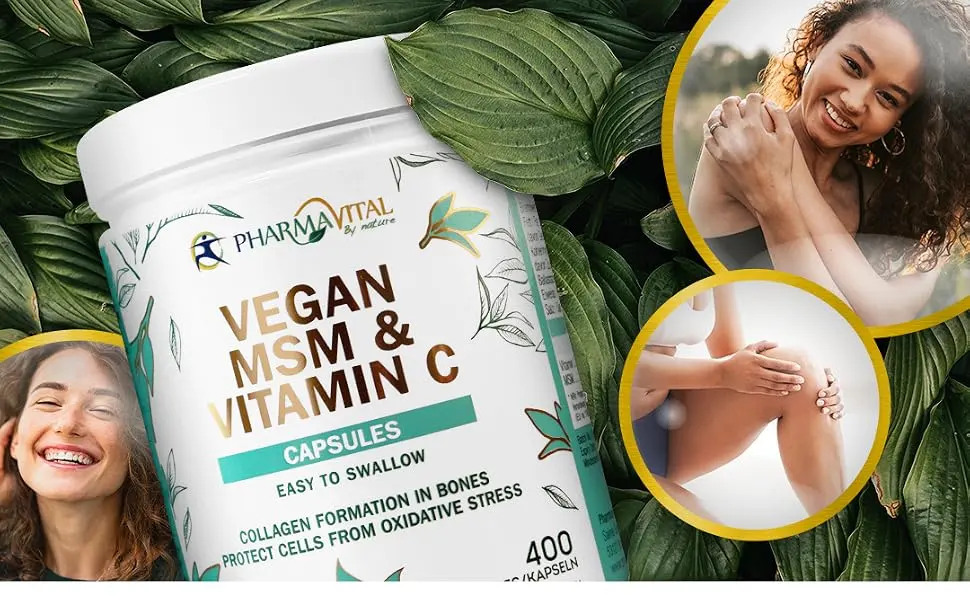 Pharmavital Vegan MSM & Vitamin C capsules from Germany (400 pieces) high dose with 1000mg methylsulfonylmethane per capsule - vegan MSM