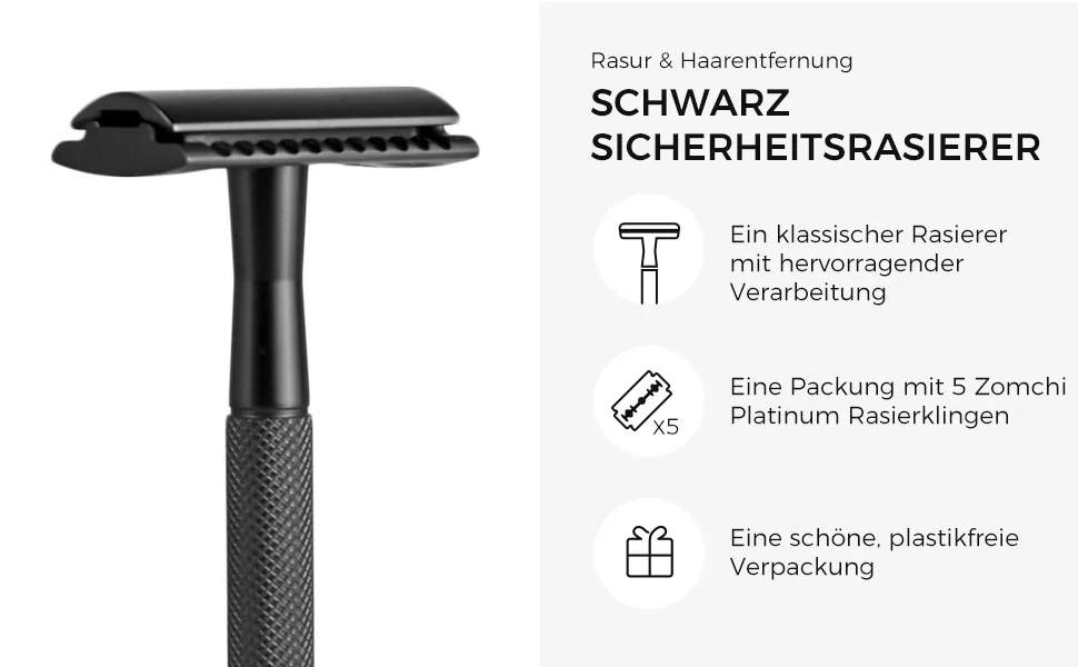 Black stainless steel safety razor with base and 10 blades | Fits all recyclable double edge blades Black suit - product information 22