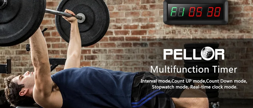 Pellor Fitness Timer Gym Timer 6-digit interval LED clock time format 12/24 hours stopwatch timer Gym cross training clock with remote control (volume adjustable) - PELLOR