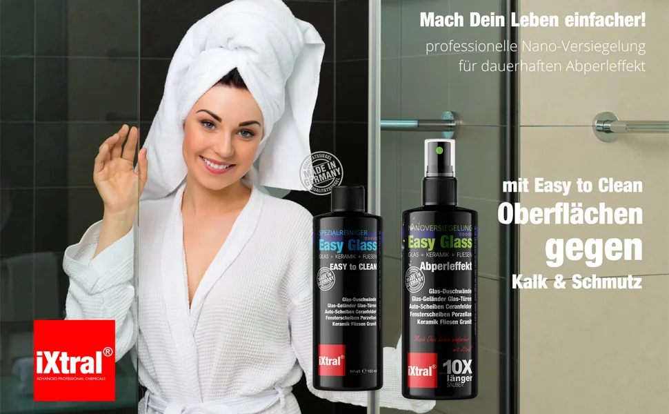 Ixtral shower + window glass seal cleaning permanently 2-in-1 set with nano glass cleaner for lotus effect. - Profi-Set Nanoversiegelung iXtral EASY GLASS für Glas und Keramik Oberflächen