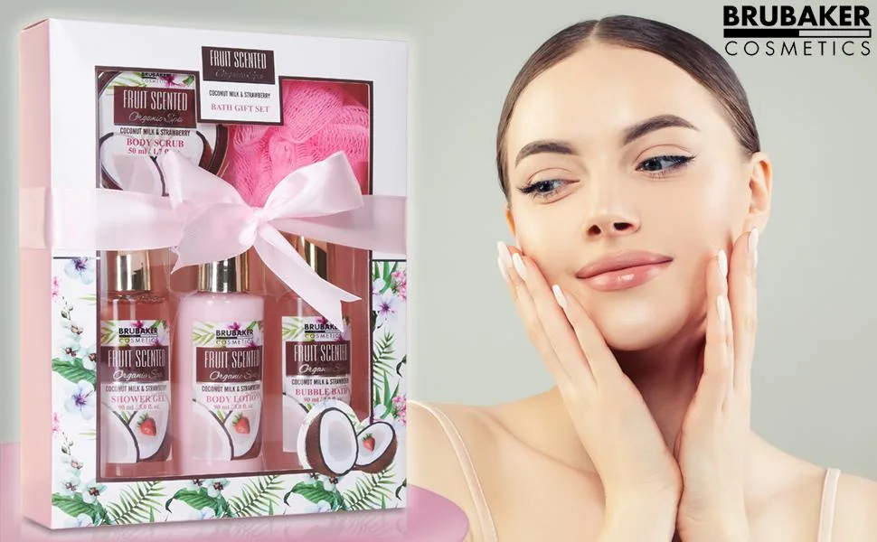BRUBAKER Cosmetics Bath and Shower Set Coconut and Strawberry Fragrance - 5-piece gift set - Geschenkset mit transparentem Sichtfenster Erdbeere Kokosnuss hellrosa Schleife mit pinkem Schwamm
