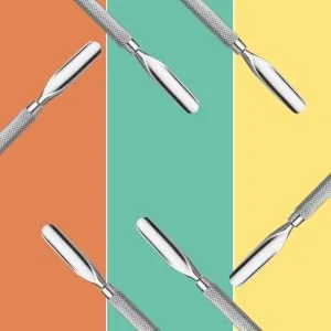 Rui Smith's professional double-ended stainless steel metal slide (nail shaver) and triangular gel polish removered scraper-style No.101 - pusher mod shot