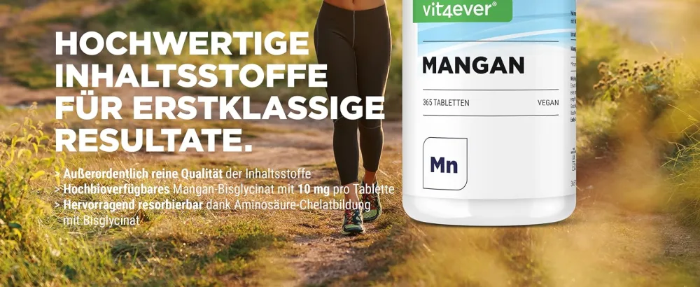 Manganese 10 mg - 365 tablets for 1 year - laboratory testing (active ingredient content & purity) - High bioavailability through manganese bison - vegan - Mangan Tabletten Vit4ever