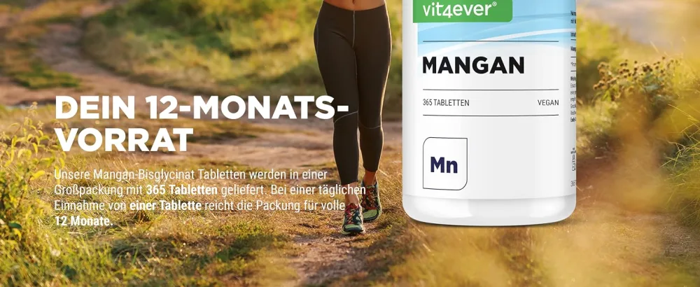 Manganese 10 mg - 365 tablets for 1 year - laboratory testing (active ingredient content & purity) - High bioavailability through manganese bison - vegan - Mangan Tabletten Vit4ever