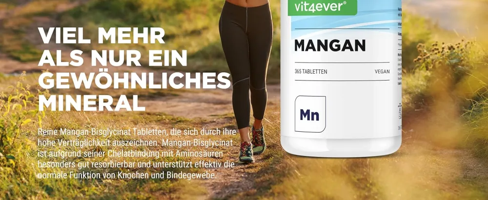Manganese 10 mg - 365 tablets for 1 year - laboratory testing (active ingredient content & purity) - High bioavailability through manganese bison - vegan - Mangan Tabletten Vit4ever
