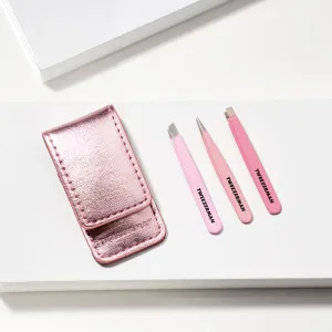 TWEEZERMAN Mini Tweezers Set 3 pieces for eyebrow plucking for travel and on the go pink - image