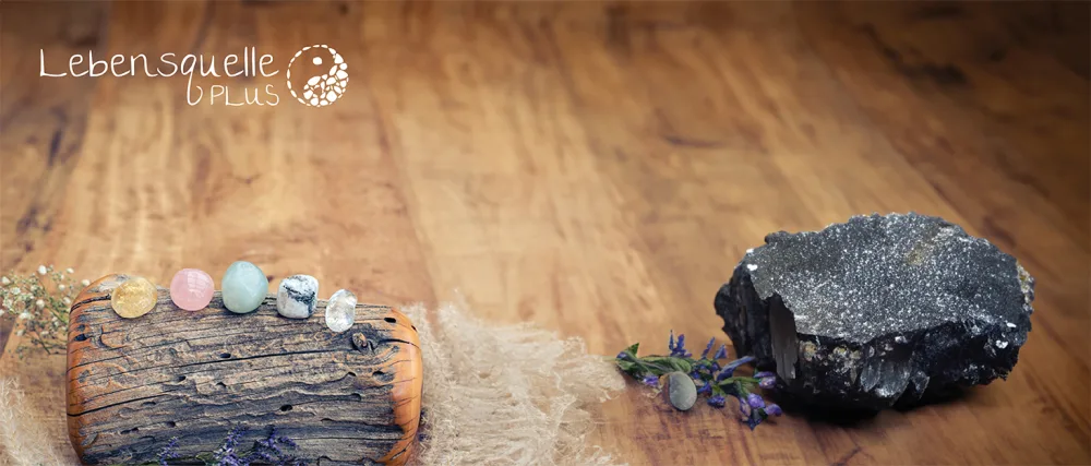 Water stones Premium basic mixture |Base mixture gem water |100% natural raw stones |Amethyst + rose quartz + mountain crystal 300g source of life plus - Lebensquelle Plus Logo in Hintergrund Rohsteine auf Baum