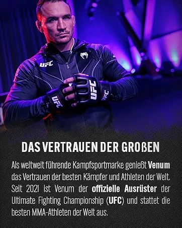 Ringhorns Charger Headguard Black / Black - UFC-Kämpfer – Michael Chandler. Er hält seine Hände in UFC-Handschuhen zusammen.