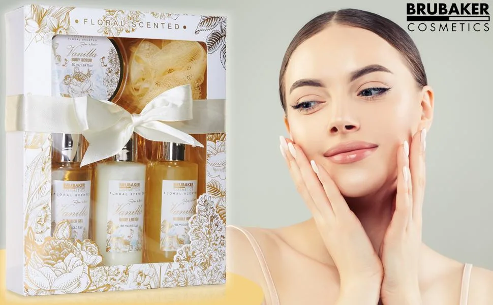 BRUBAKER Cosmetics Bath and Shower Set Vanilla Rose Mint Fragrance - 5-piece gift set - Geschenkset mit transparentem Sichtfenster Vanille Rosen Minze mit gelbem Schwamm Brubaker Cosmetics