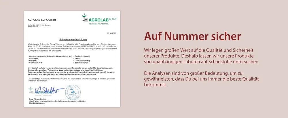 MSM tablets |2000 mg MSM per daily dose |365 High-dose organic sulfur tablets |Laboratory test |Premium quality from Germany |Vitaconcept - MSM Laborbericht