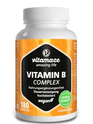 Vitamin B complex high -dose & vegan 180 tablets for 6 months B1 B2 B3 B5 B6 B7 B9 B12 Vitamins in a tablet natural nutritional supplement without additives made in Germany - vitamine gehirn vitamin gehirn stress vitamine müdigkeit / anti-müdigkeit konzentration steigern