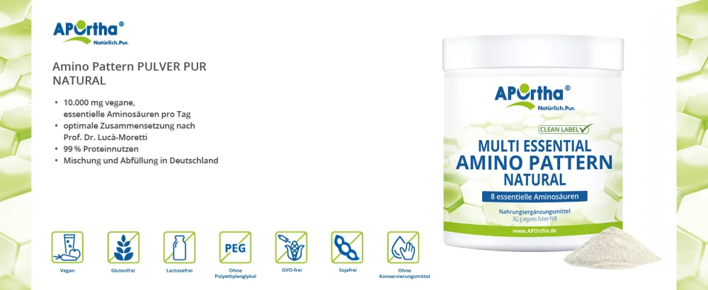Aportha Multi Essential Amino Pattern I 362 g Amino acid powder with 8 essential amino acids according to Prof. Dr.Luc Moretti for optimized protein supply i amino acids complex high doses EAA vegan - APOrtha Multi essential Amino Pattern Übersicht