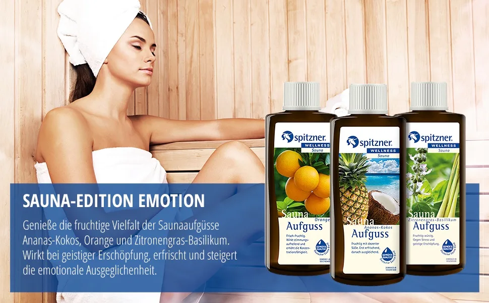Spitzner sauna infusion set emotion (3 x 190 ml)-wellness sauna with aromatic sauna air pineapple coconut orange and lemon grass basil - emotion