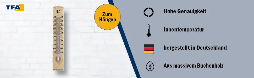 TFA Dostmann analogue indoor thermometer high accuracy made of solid beech wood brown L 35 x W 15 x H 206 mm - thermometer tfa dostmann hergestellt in Deutschland
