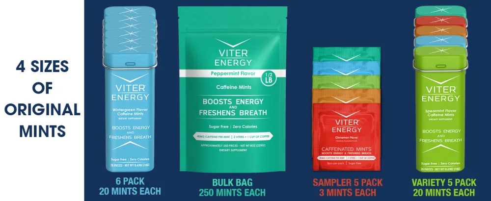 Viter Energy Caffeinated Mints 40mg Caffeine, B Vitamins, Sugar Free. (Peppermint, 8oz, Bulk Bag) - caffeine caffeinated energy boost mint mints gum chew lozenge pack packet pills drink tablet capsule