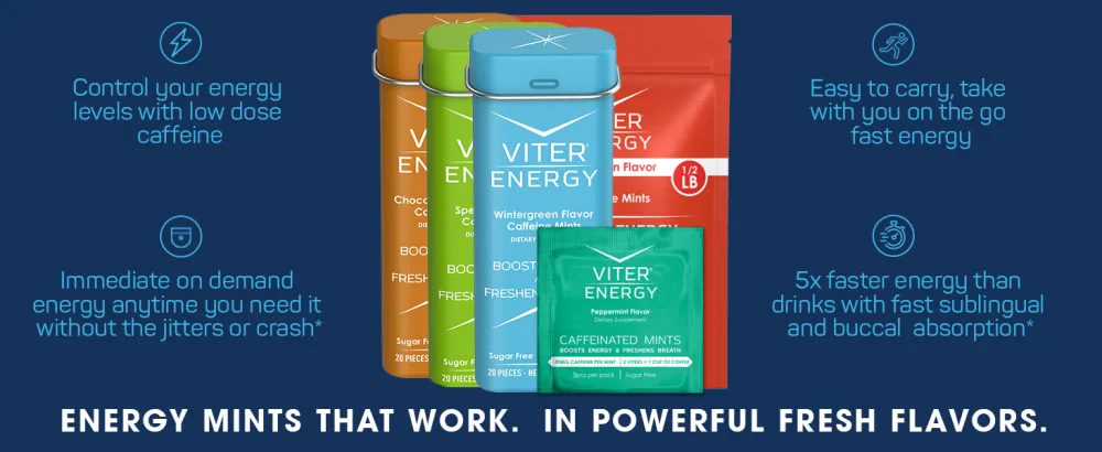 Viter Energy Caffeinated Mints 40mg Caffeine, B Vitamins, Sugar Free. (Peppermint, 8oz, Bulk Bag) - caffeine caffeinated energy boost mint mints gum chew lozenge pack packet pills drink tablet capsule