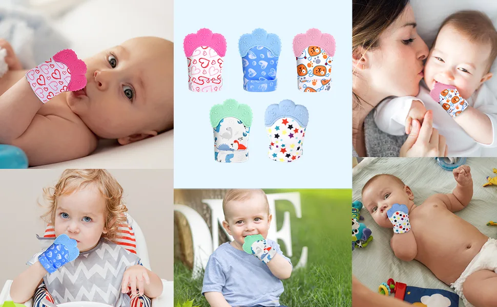 Vicloon Baby Teething Set Teething Mittens for Baby - Pack of 2 - rose red-blue - bijtring