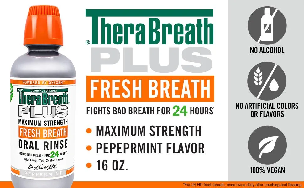 TheraBreath Plus Fresh Breath Maximum Strength 24-Hour Oral Rinse, Peppermint 3 Ounce - Pack of 6 - Therabreath Fresh Breath