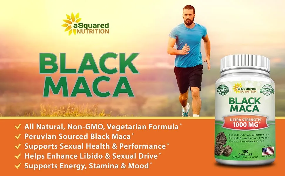 ASquared Nutrition Black Maca Root Max Strength 1000mg Per Serving  - 180 Capsules - Black Maca aSquared Nutrition